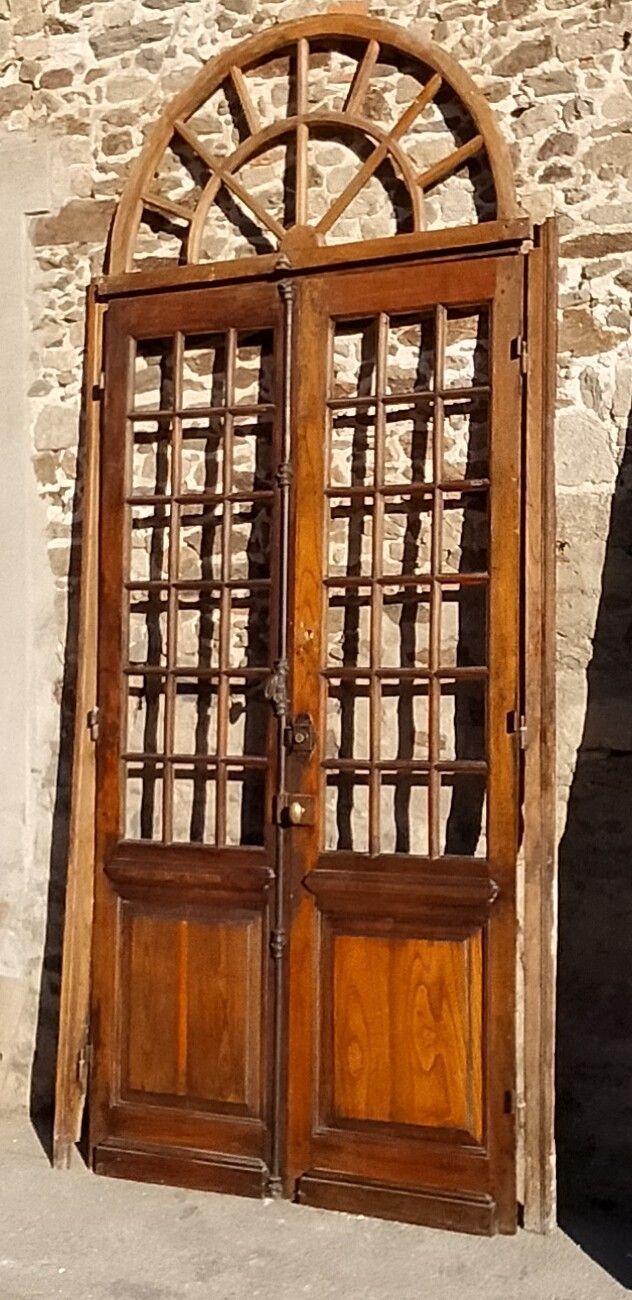 Double porte vitrée ancienne en chêne Orangerie avec son imposte cintrée