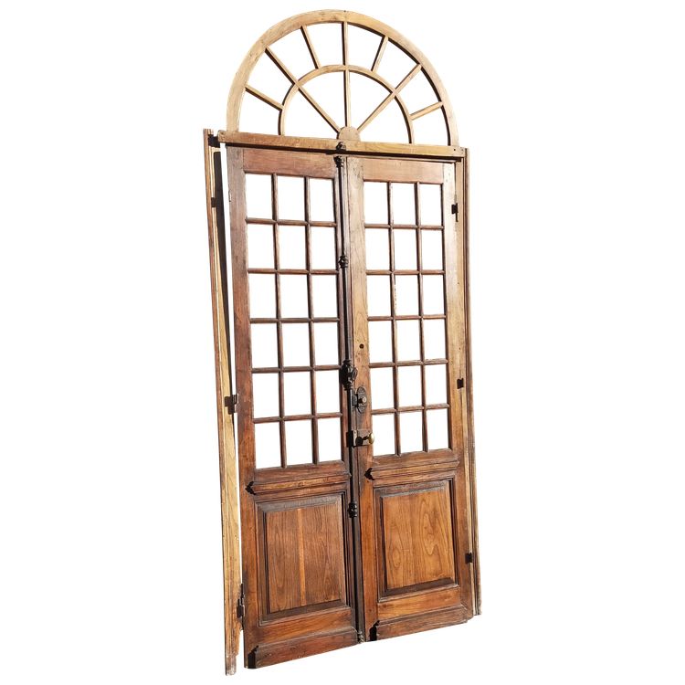 Double porte vitrée ancienne en chêne Orangerie avec son imposte cintrée