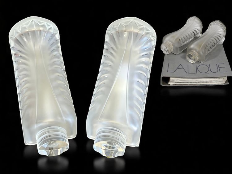 LALIQUE FRANCE PAIR OF MOLDED CRYSTAL "PALME" SCONCES (SIGNED)