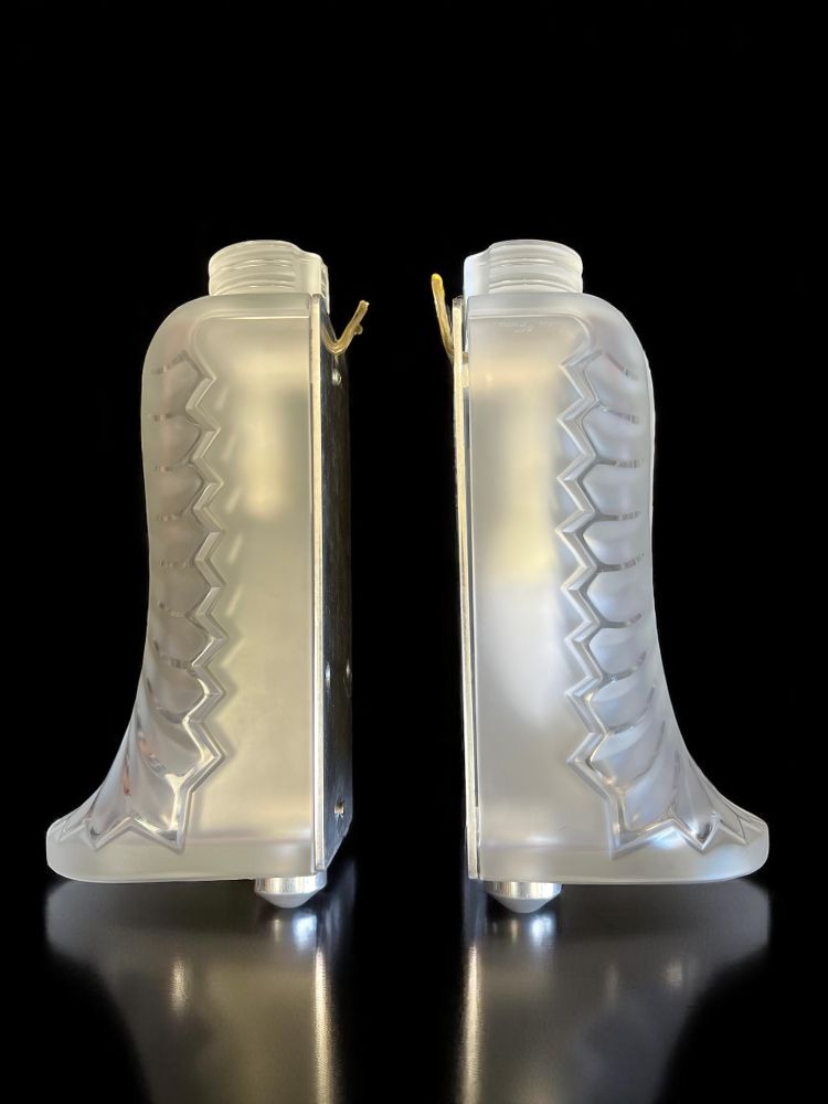 LALIQUE FRANCE PAIR OF MOLDED CRYSTAL "PALME" SCONCES (SIGNED)