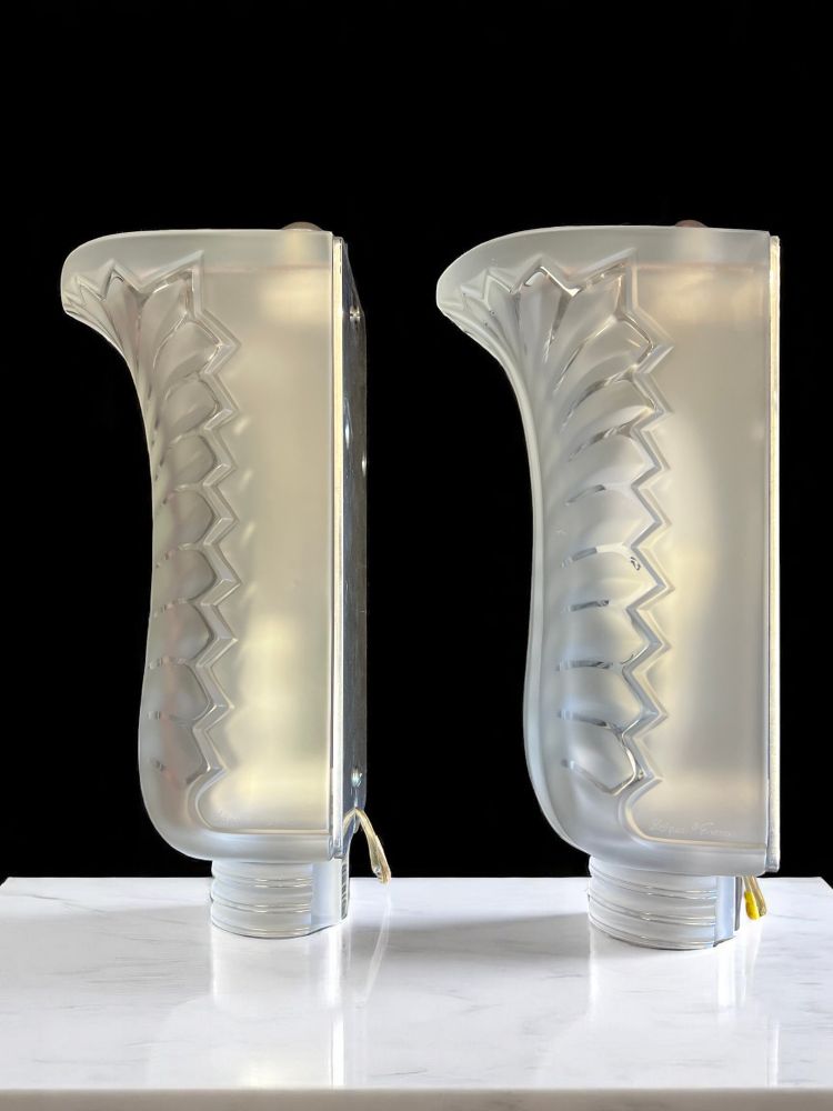LALIQUE FRANCE PAIR OF MOLDED CRYSTAL "PALME" SCONCES (SIGNED)
