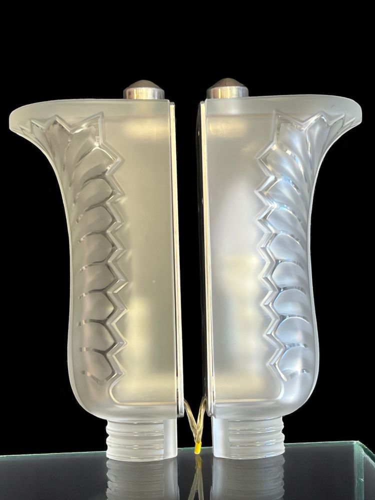 LALIQUE FRANCE PAIR OF MOLDED CRYSTAL "PALME" SCONCES (SIGNED)