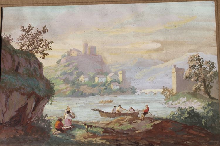 Gouache auf Papier Belebte Landschaft mit Fischern an einem Flussufer und Dorf Epoche 19.