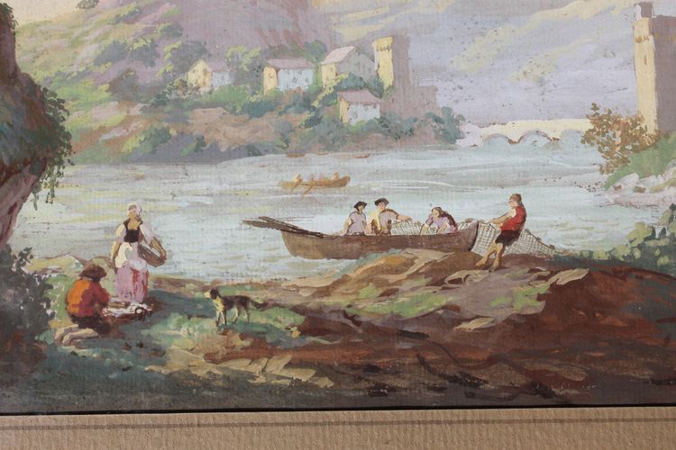 Gouache auf Papier Belebte Landschaft mit Fischern an einem Flussufer und Dorf Epoche 19.