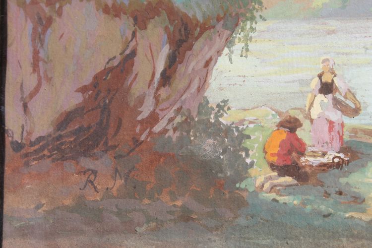 Gouache auf Papier Belebte Landschaft mit Fischern an einem Flussufer und Dorf Epoche 19.