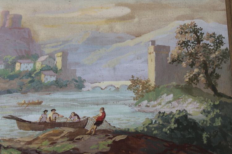 Gouache auf Papier Belebte Landschaft mit Fischern an einem Flussufer und Dorf Epoche 19.