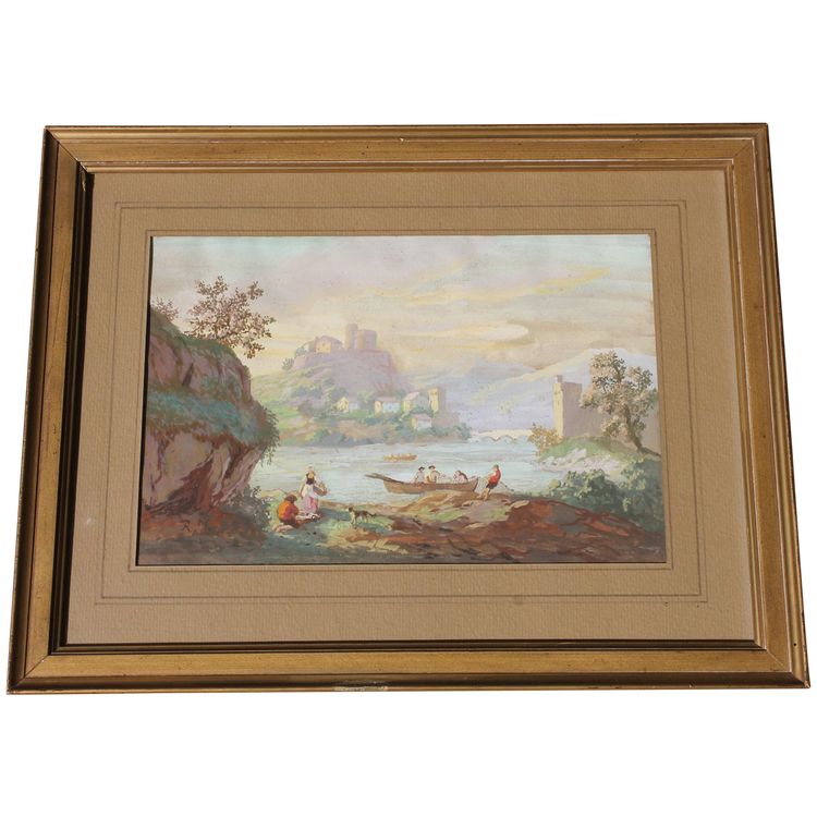 Gouache auf Papier Belebte Landschaft mit Fischern an einem Flussufer und Dorf Epoche 19.