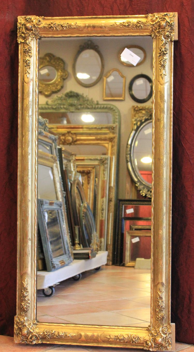 63 X 130 cm Antico specchio da restauro orizzontale, foglia d'oro, vetro di mercurio