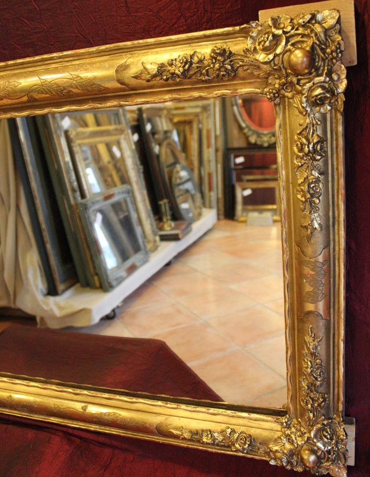63 X 130 cm Antico specchio da restauro orizzontale, foglia d'oro, vetro di mercurio