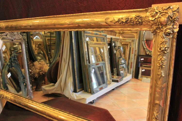 63 X 130 cm Antico specchio da restauro orizzontale, foglia d'oro, vetro di mercurio