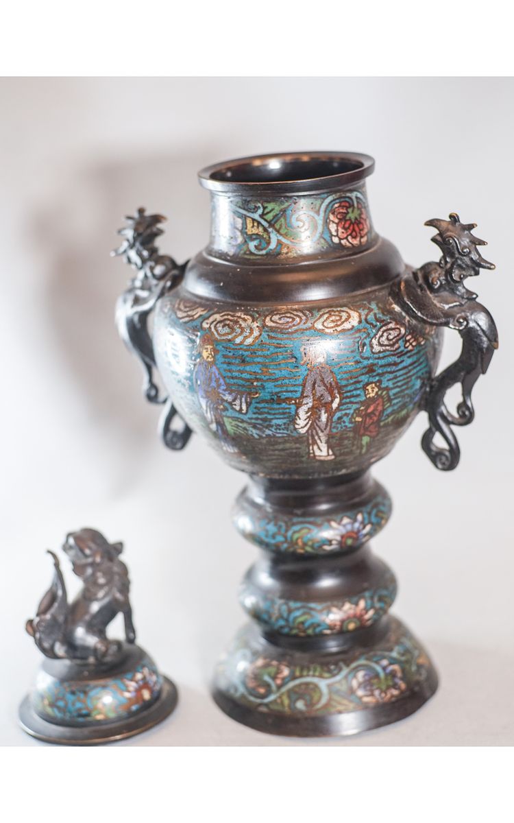 Grand brûle-parfum bronze polychrome, Chine, fin XIXéme-Début XXème