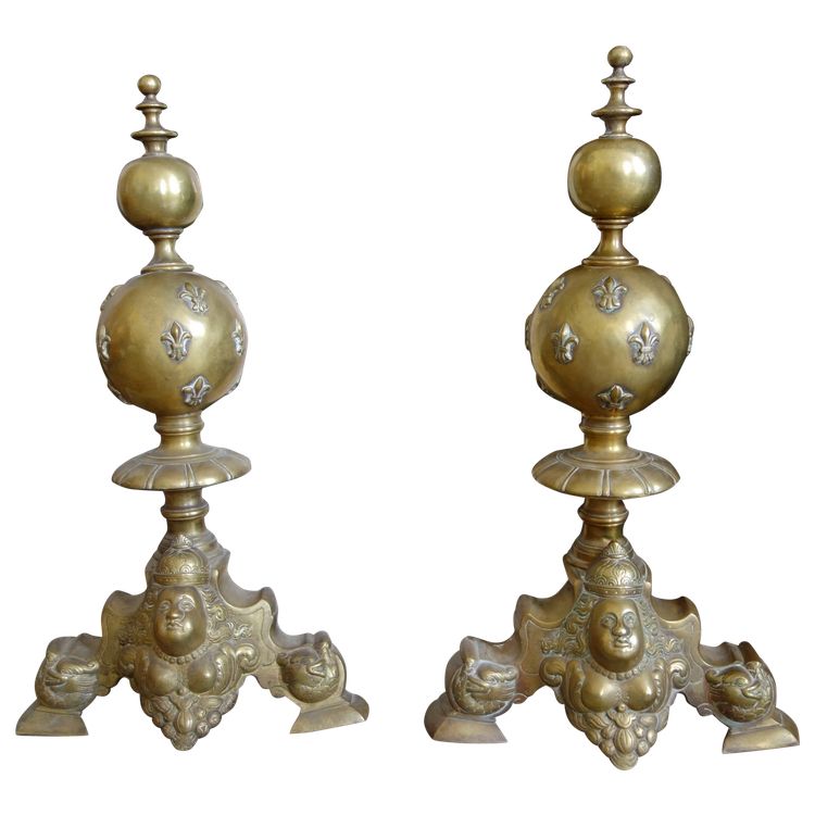 Pair of large Royalist andirons with marmosets, Louis XIV style