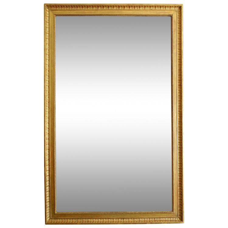 Grand miroir de cheminée Louis XVI Directoire doré à l'or fin, glace au mercure - 161cm x 102,5cm