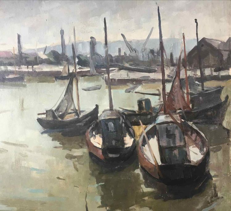 Pittura Piet VOLCKAERT (1902-1973) HST Barche Porto industriale Urban marine