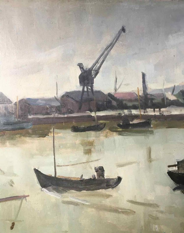 Pittura Piet VOLCKAERT (1902-1973) HST Barche Porto industriale Urban marine