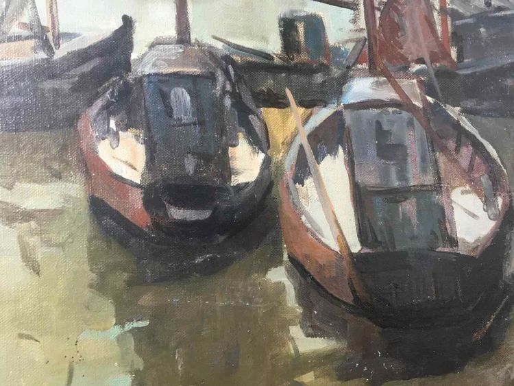 Pittura Piet VOLCKAERT (1902-1973) HST Barche Porto industriale Urban marine