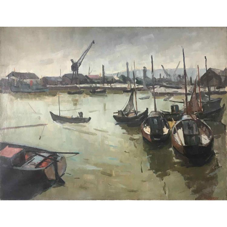 Pittura Piet VOLCKAERT (1902-1973) HST Barche Porto industriale Urban marine