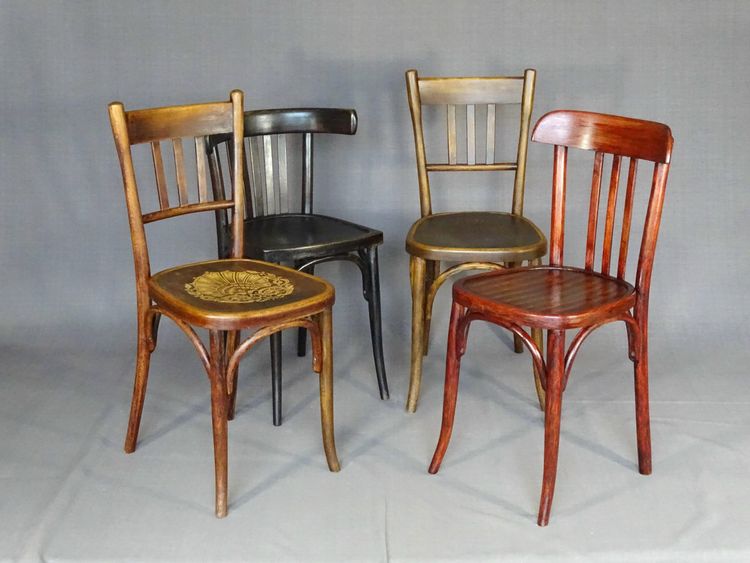 Set of 4 mismatched 1930 bistro chairs with wooden seats, Baumann, Fischel etc.