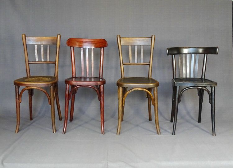 Set of 4 mismatched 1930 bistro chairs with wooden seats, Baumann, Fischel etc.
