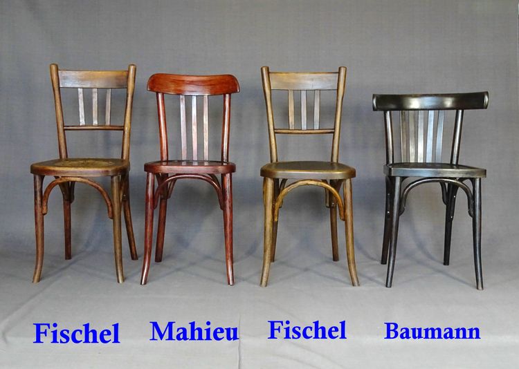 Set of 4 mismatched 1930 bistro chairs with wooden seats, Baumann, Fischel etc.
