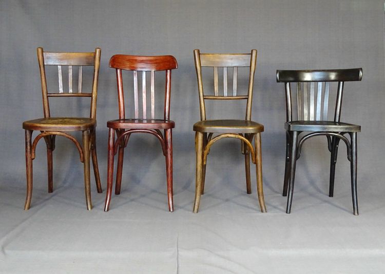 Set of 4 mismatched 1930 bistro chairs with wooden seats, Baumann, Fischel etc.