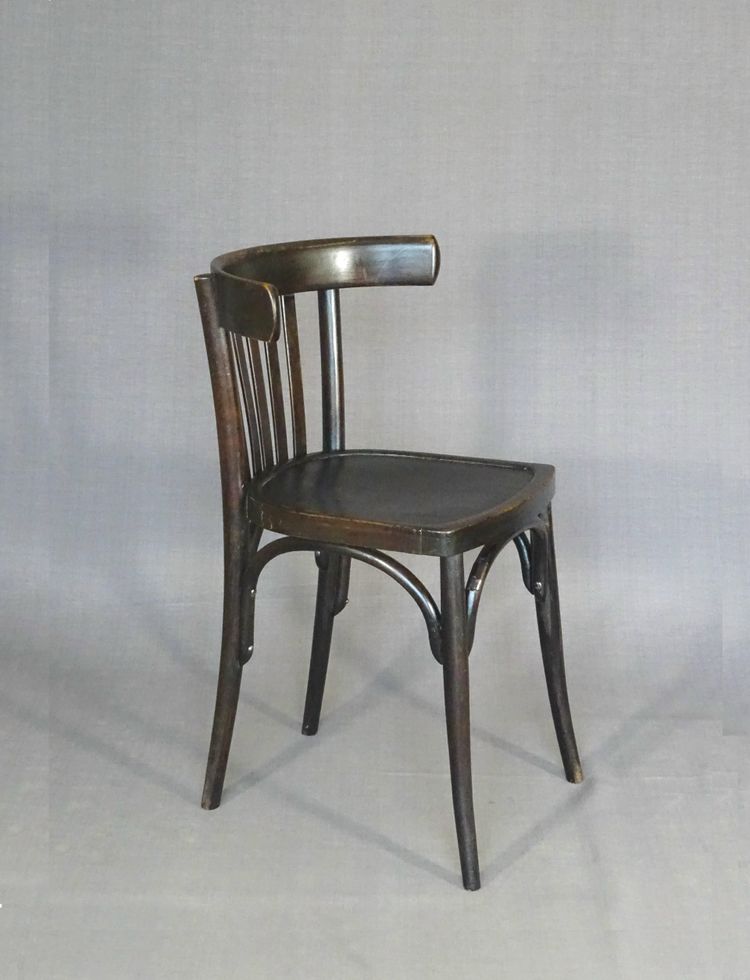 Set of 4 mismatched 1930 bistro chairs with wooden seats, Baumann, Fischel etc.