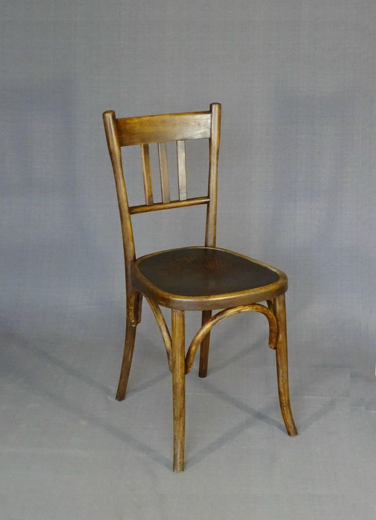 Set of 4 mismatched 1930 bistro chairs with wooden seats, Baumann, Fischel etc.