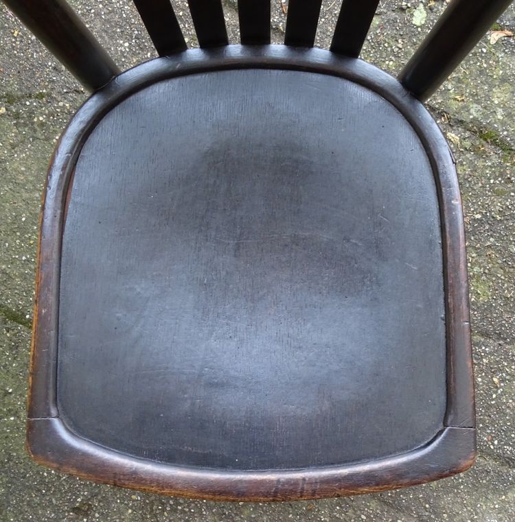 Set of 4 mismatched 1930 bistro chairs with wooden seats, Baumann, Fischel etc.
