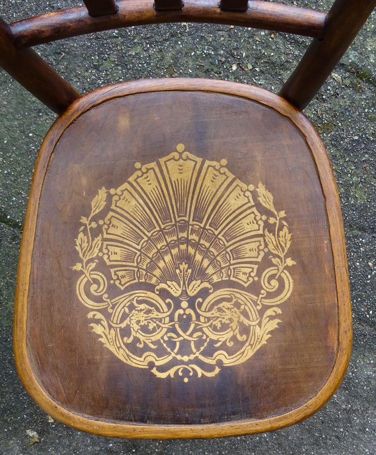 Set of 4 mismatched 1930 bistro chairs with wooden seats, Baumann, Fischel etc.
