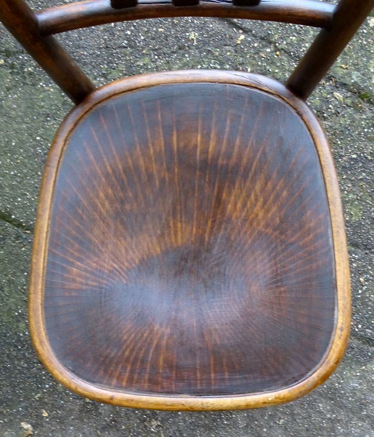 Set of 4 mismatched 1930 bistro chairs with wooden seats, Baumann, Fischel etc.