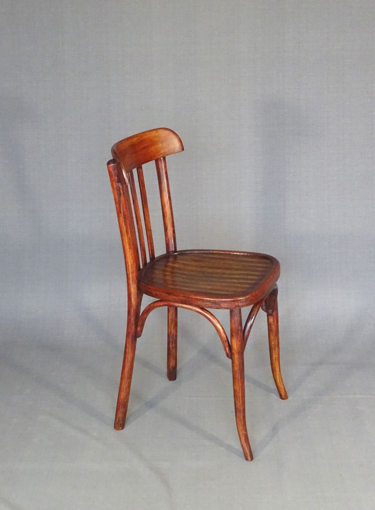 Set of 4 mismatched 1930 bistro chairs with wooden seats, Baumann, Fischel etc.