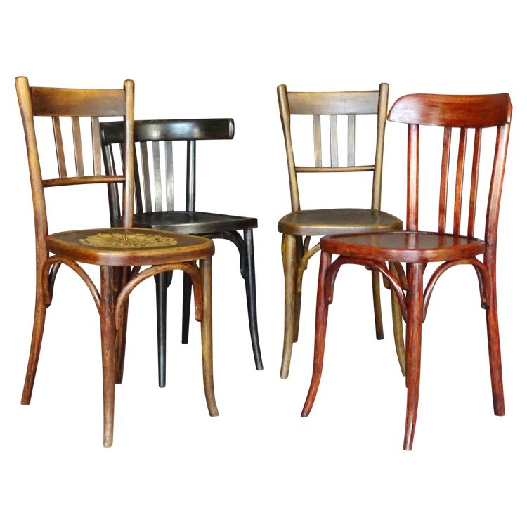 Set of 4 mismatched 1930 bistro chairs with wooden seats, Baumann, Fischel etc.