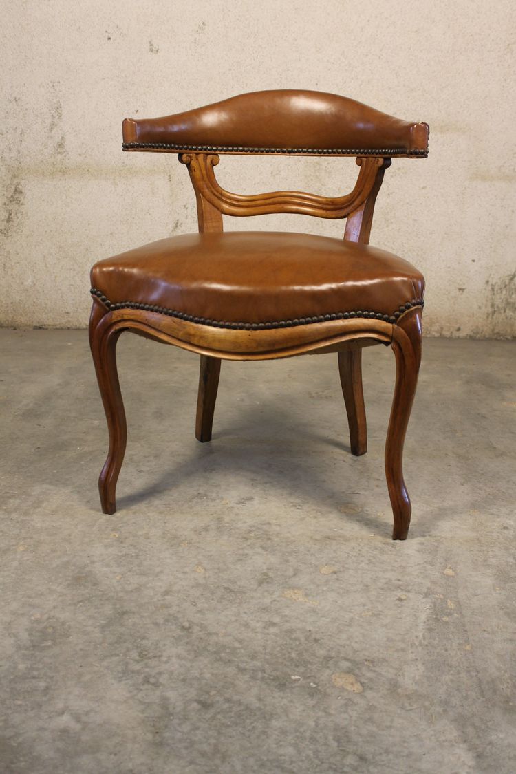 19th century Louis XV style walnut desk armchair upholstered in havana leather