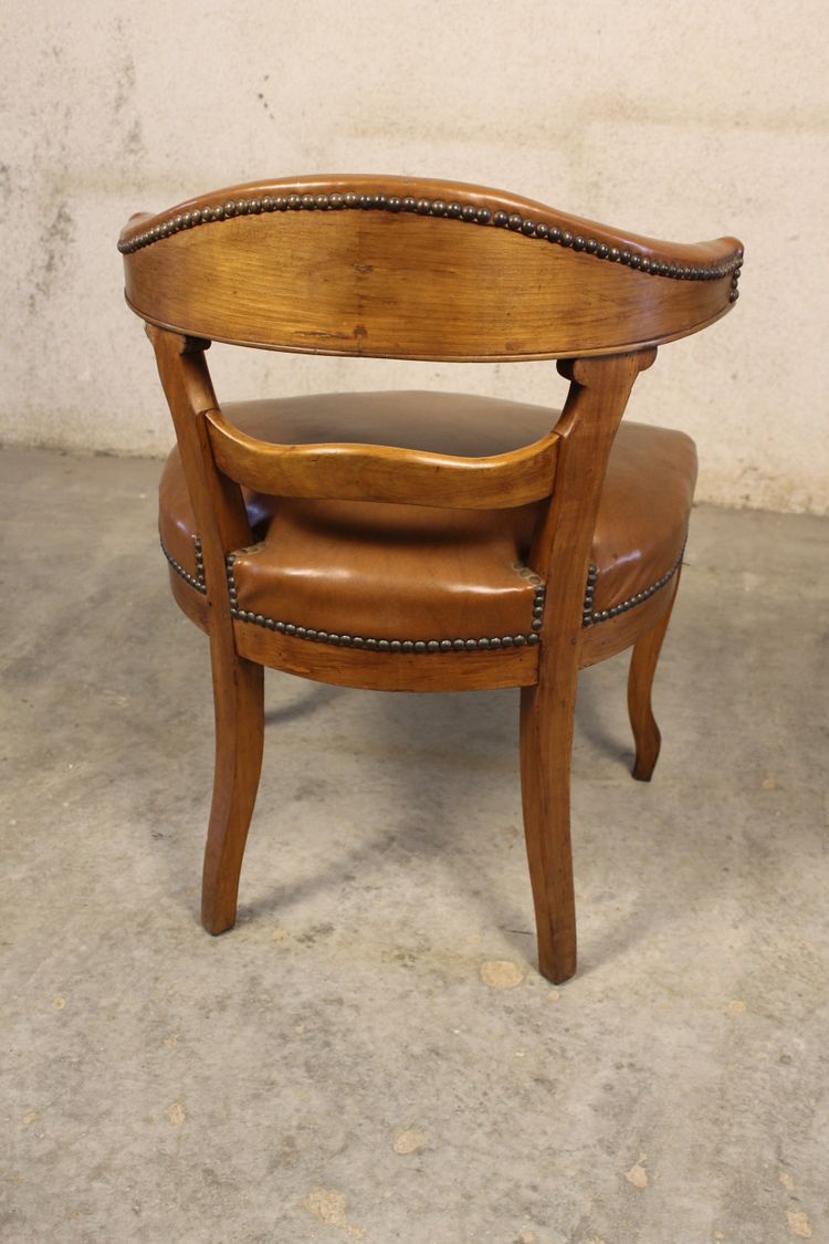 19th century Louis XV style walnut desk armchair upholstered in havana leather