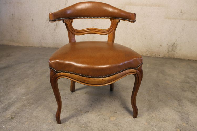19th century Louis XV style walnut desk armchair upholstered in havana leather