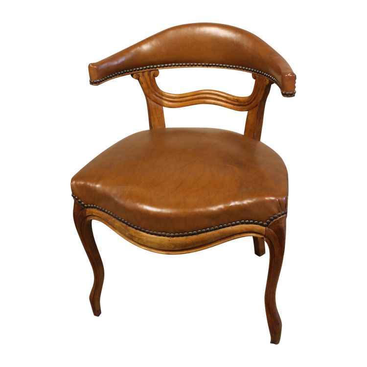 19th century Louis XV style walnut desk armchair upholstered in havana leather