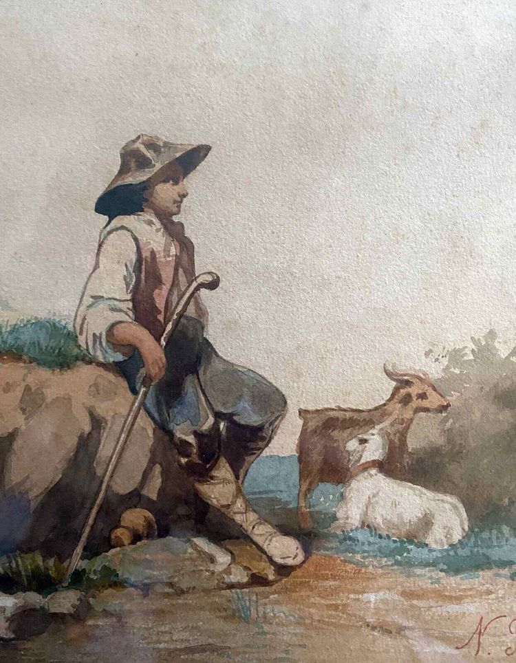 Hängende Gemälde XIX° neapolitanische Schule "Fischerpaar" signiert N. Blangini