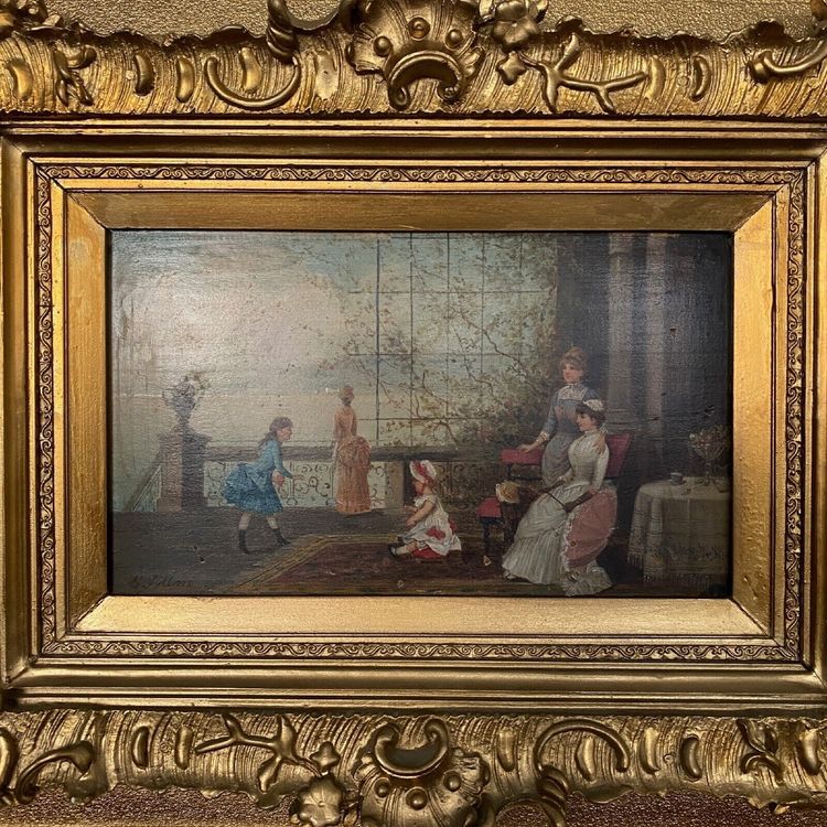 Olio su tavola, scena d'interno del XIX secolo con bambini su un balcone