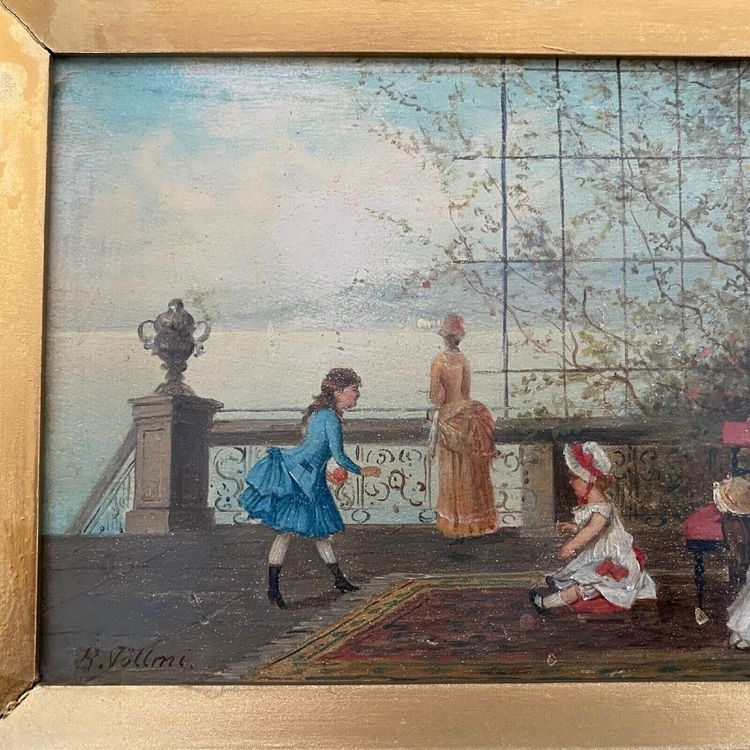 Olio su tavola, scena d'interno del XIX secolo con bambini su un balcone