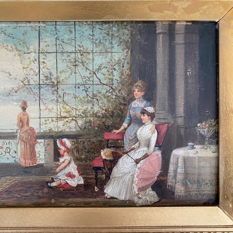 Olio su tavola, scena d'interno del XIX secolo con bambini su un balcone