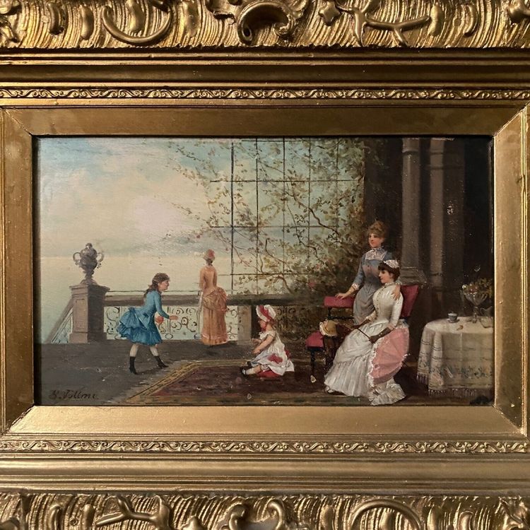 Olio su tavola, scena d'interno del XIX secolo con bambini su un balcone
