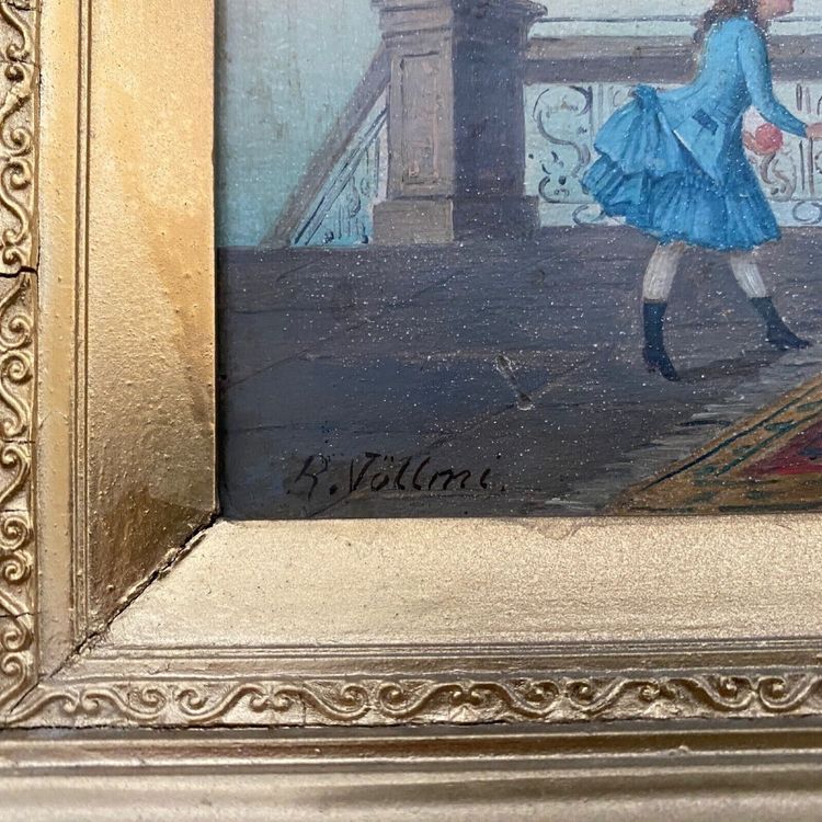Olio su tavola, scena d'interno del XIX secolo con bambini su un balcone