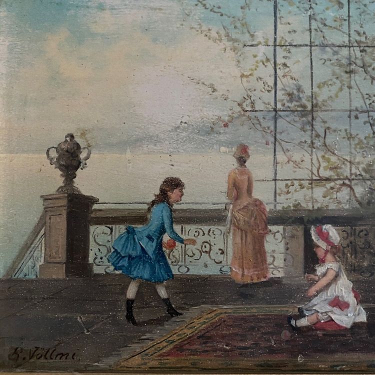 Olio su tavola, scena d'interno del XIX secolo con bambini su un balcone