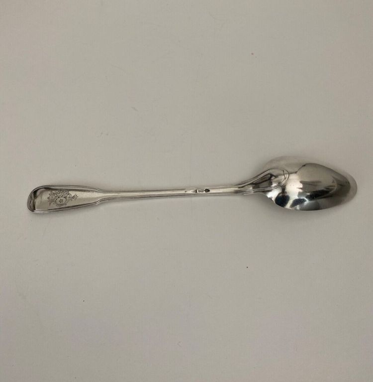 18th century stew spoon with coat of arms and Farmers General hallmarks, 207 grams