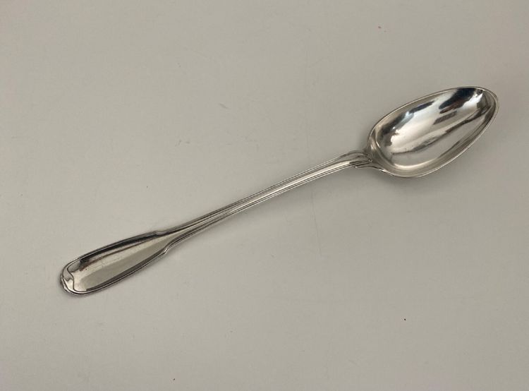 18th century stew spoon with coat of arms and Farmers General hallmarks, 207 grams