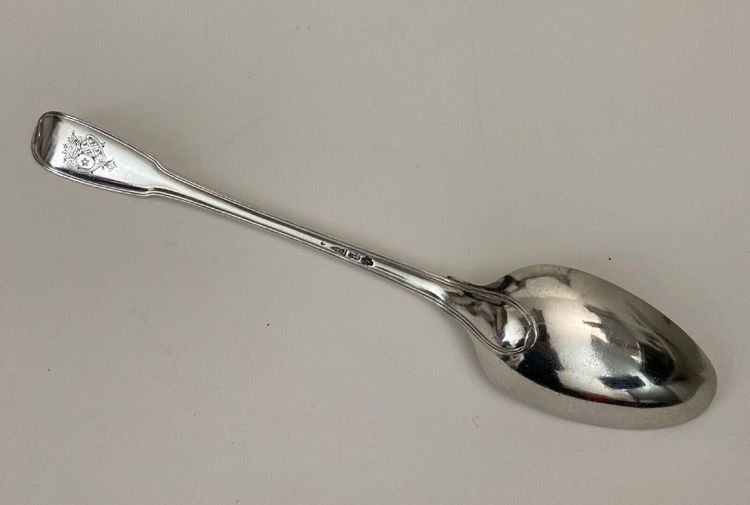 18th century stew spoon with coat of arms and Farmers General hallmarks, 207 grams