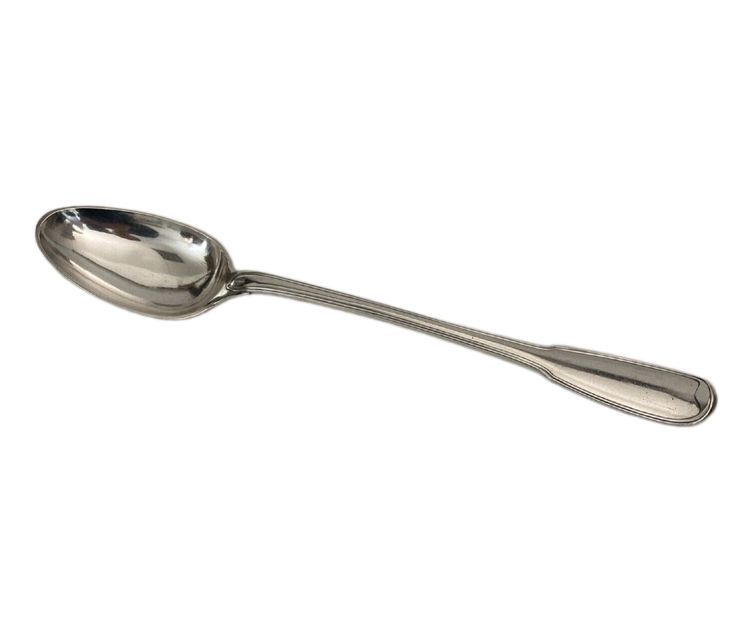 18th century stew spoon with coat of arms and Farmers General hallmarks, 207 grams