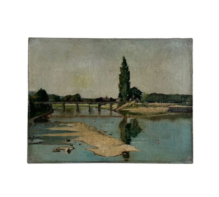 Oil on canvas depicting a river with a bridge, early 20th century