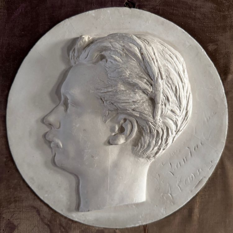 Plaster bas-relief of a man with a mustache from the 19th century, velvet frame