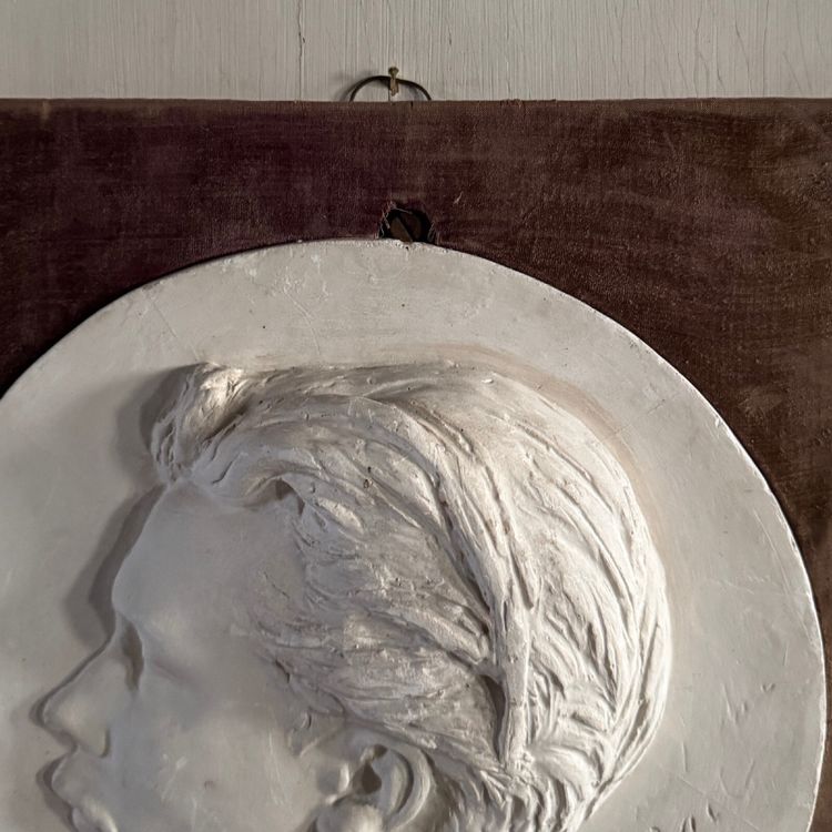 Plaster bas-relief of a man with a mustache from the 19th century, velvet frame